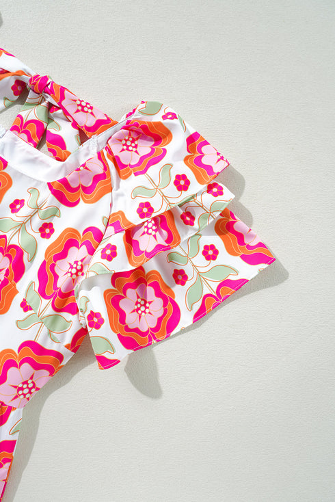 Retro Floral Print Square Neck Flutter Sleeve A Line Mini Dress